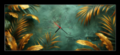 Obraz s hodinami 1D panorama - 120 x 50 cm F_AB790822272 - An elegant gold decoration art wallpaper. Modern art with nature. Golden leaves, plants and bamboo of curvature of the line, green background.