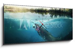Obraz s hodinami 1D panorama - 120 x 50 cm F_AB79580177 - Fishing. Close-up shut of a fish hook under water
