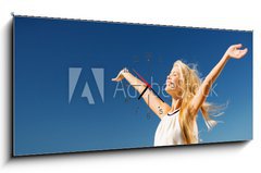 Obraz s hodinami 1D panorama - 120 x 50 cm F_AB79888302 - beautiful woman enjoying summer outdoors - krásná žena se těší letní venku