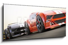 Obraz s hodinami 1D panorama - 120 x 50 cm F_AB80105915 - The race , Exotic sports cars racing with motion blur - Závod, exotické sportovní automobily závodící s rozmazáním pohybu