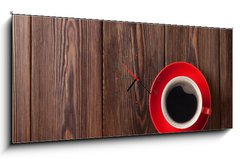 Obraz s hodinami 1D panorama - 120 x 50 cm F_AB80745295 - Coffee cup on wooden table background