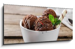 Obraz s hodinami 1D panorama - 120 x 50 cm F_AB80747406 - ball coffee chocolate ice cream in a bowl - koule zmrzlina v kávové čokoládě v misce