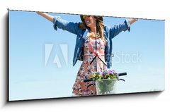 Obraz s hodinami 1D panorama - 120 x 50 cm F_AB81062127 - Beautiful young woman with a vintage bike in the field. - Krásná mladá žena s vintage kolo v poli.