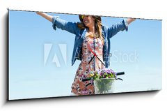 Obraz s hodinami 1D panorama - 120 x 50 cm F_AB81062127 - Beautiful young woman with a vintage bike in the field. - Krsn mlad ena s vintage kolo v poli.