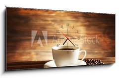 Obraz s hodinami 1D panorama - 120 x 50 cm F_AB81865478 - Cup of coffee with grains on wooden background