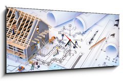 Obraz s hodinami 1D panorama - 120 x 50 cm F_AB81873311 - house under construction on blueprints - building project - dům ve výstavbě na plánech