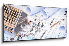 Obraz s hodinami 1D panorama - 120 x 50 cm F_AB81873311 - house under construction on blueprints - building project