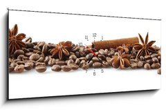 Obraz s hodinami 1D panorama - 120 x 50 cm F_AB84266938 - Scattered coffee beans in line on white - Rozptýlené kávové zrna v řadě na bílém