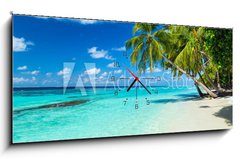 Obraz s hodinami 1D panorama - 120 x 50 cm F_AB86277577 - coco palms on tropical paradise beach with turquoise blue water and blue sky - kokosové palmy na pláži tropického ráje s tyrkysově modrou vodou a modrou oblohu
