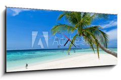 Obraz s hodinami 1D panorama - 120 x 50 cm F_AB86299051 - coco palm and heron bird on paradise beach - kokosová palma a volavka na rajské pláži