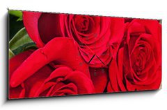 Obraz s hodinami 1D panorama - 120 x 50 cm F_AB86423669 - Bouquet of red roses on the old boards - Kytice červených růží na starých deskách
