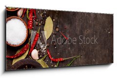 Obraz s hodinami 1D panorama - 120 x 50 cm F_AB86522386 - Various spices on wooden background - Různé koření na dřevěném pozadí