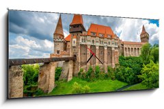 Obraz s hodinami 1D panorama - 120 x 50 cm F_AB86720998 - Corvin castle in Romania - Hrad Corvin v Rumunsku