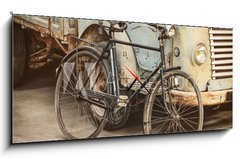Obraz s hodinami 1D panorama - 120 x 50 cm F_AB89293041 - Retro styled image of an ancient bike and truck - Retro stylizovaný obraz starého motocyklu a kamionu