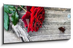 Obraz s hodinami   Red rose and butterfly on an old wooden table, 120 x 50 cm