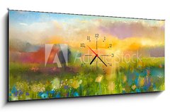 Obraz s hodinami 1D panorama - 120 x 50 cm F_AB90987549 - Oil painting  flowers dandelion, cornflower, daisy in fields. Sunset  meadow landscape with wildflower, hill and sky in orange and blue color background. Hand Paint summer floral Impressionist styl