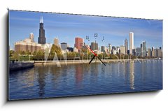 Obraz s hodinami 1D panorama - 120 x 50 cm F_AB9104837 - Downtown Chicago panorama reflected in Lake Michigan