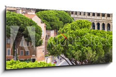 Obraz s hodinami 1D panorama - 120 x 50 cm F_AB94095592 - Exterior view of the Colosseum in Rome with green trees around.