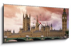 Obraz s hodinami 1D panorama - 120 x 50 cm F_AB9632866 - Stormy Skies over Big Ben and the Houses of Parliament - Bouřlivé nebe nad Big Benem a domy Parlamentu