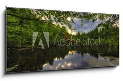 Obraz s hodinami 1D panorama - 120 x 50 cm F_AB9691302 - Gloomy sunset above lake