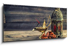 Obraz s hodinami 1D panorama - 120 x 50 cm F_AB97000675 - Ramadan lamp and dates on wooden background. Oriental lantern - Ramadán lampa a data na dřevěné pozadí. Orientální lucerna