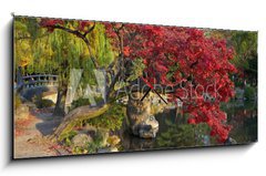 Obraz s hodinami 1D panorama - 120 x 50 cm F_AB9821471 - summer japanese landscape with pond and trees