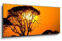 Obraz s hodinami 1D panorama - 120 x 50 cm F_AB9856280 - african sunset in savannah, kenya - africký západ slunce v savaně, kenya