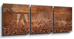 Obraz s hodinami 3D tdln - 150 x 50 cm F_BM104485723 - coffee background with beans on rustic old oak wood