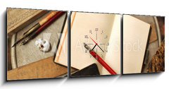 Obraz s hodinami 3D tdln - 150 x 50 cm F_BM11538956 - Vintage writing objects with blank pages - Vintage psan objekt s przdnmi strnkami