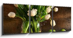 Obraz s hodinami 3D tdln - 150 x 50 cm F_BM11553588 - White tulips in glass vase on rustic wood