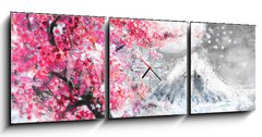 Obraz s hodinami   oil painting landscape with sakura and mountain, hand drawn illustration, Japan, 150 x 50 cm