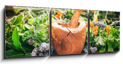 Obraz s hodinami 3D tdln - 150 x 50 cm F_BM128185706 - Variety of herbs and mortar on wooden background, banner