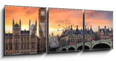 Obraz s hodinami 3D tdln - 150 x 50 cm F_BM134727682 - Farbenfroher Sonnenuntergang hinter dem Big Ben und der Westminster Brcke
