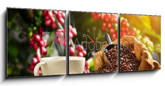 Obraz s hodinami 3D tdln - 150 x 50 cm F_BM136057023 - Cup of coffee with smoke and coffee beans in burlap sack on coff
