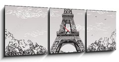 Obraz s hodinami 3D tdln - 150 x 50 cm F_BM138222265 - Landscape with Eiffel tower in black and white colors on grey background - Krajina s Eiffelovou v v ern a bl barv na edm pozad