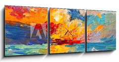 Obraz s hodinami 3D třídílný - 150 x 50 cm F_BM141271349 - Oil painting of the sea, multicolored sunset on the horizon, watercolor - Olejomalba moře, vícebarevný západ slunce na obzoru, akvarel