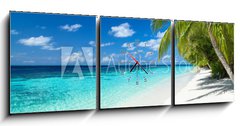 Obraz s hodinami 3D tdln - 150 x 50 cm F_BM151010448 - coco palms on tropical paradise beach with turquoise blue water and blue sky