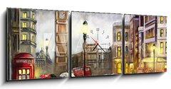 Obraz s hodinami 3D tdln - 150 x 50 cm F_BM167015010 - oil painting on canvas, street view of london. Artwork. Big ben. couple and red umbrella, bus and road, telephone. Black car