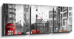 Obraz s hodinami 3D tdln - 150 x 50 cm F_BM167015499 - oil painting on canvas, street view of london. Artwork. Big ben. couple and red umbrella, bus and road, telephone. Black car