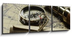 Obraz s hodinami   Retro compass with old map and spyglass, 150 x 50 cm