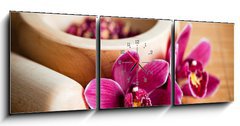 Obraz s hodinami 3D tdln - 150 x 50 cm F_BM20493458 - Composition zen - fleurs orchide et mortier bois