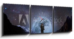 Obraz s hodinami 3D tdln - 150 x 50 cm F_BM205708981 - a man with backpack standing on mountain peak at night, and silhouette mountain with bright full moon and sky full of stars