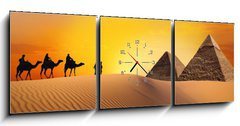 Obraz s hodinami 3D třídílný - 150 x 50 cm F_BM22138897 - Pyramid, camel and sunset