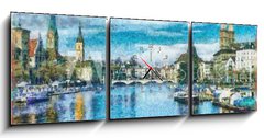 Obraz s hodinami 3D tdln - 150 x 50 cm F_BM221899832 - Oil painting. Art print for wall decor. Acrylic artwork. Big size poster. Watercolor drawing. Modern style fine art. Beautiful autumn city landscape. Multicolor view. Historical Europe buildings. - Olejomalba. Umleck tisk na ze. Akrylov kresba. Velk velikosti plakt. Akvarel kresba. Modern styl vtvarnho umn. Krsn podzimn mstsk krajiny. Vcebarevn pohled. Historick budovy Evropy.