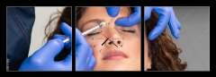 Obraz s hodinami   Close up of beautician experts hands injecting botox in female forehead., 150 x 50 cm