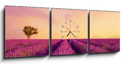 Obraz s hodinami 3D tdln - 150 x 50 cm F_BM226739623 - Lavender field rows at sunrise and hot air baloon France Provence - Levandulov pole ady pi vchodu slunce a horkovzdun baln Francie Provence