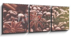 Obraz s hodinami 3D tdln - 150 x 50 cm F_BM232714184 - Aromatic roasted coffee beans and anis or badian, sticks of natural cinnamon on  background close up