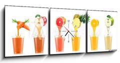 Obraz s hodinami   Six tastes of juice pouring in plastic cup from fruit isolated on white background, 150 x 50 cm