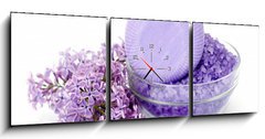 Obraz s hodinami   spa products and lilac flowers, 150 x 50 cm