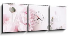 Obraz s hodinami 3D tdln - 150 x 50 cm F_BM235909172 - Beautiful, tender fresh blossoming aromatic pink Peony flowers and eucalyptus branches on the white background, top view, flat lay